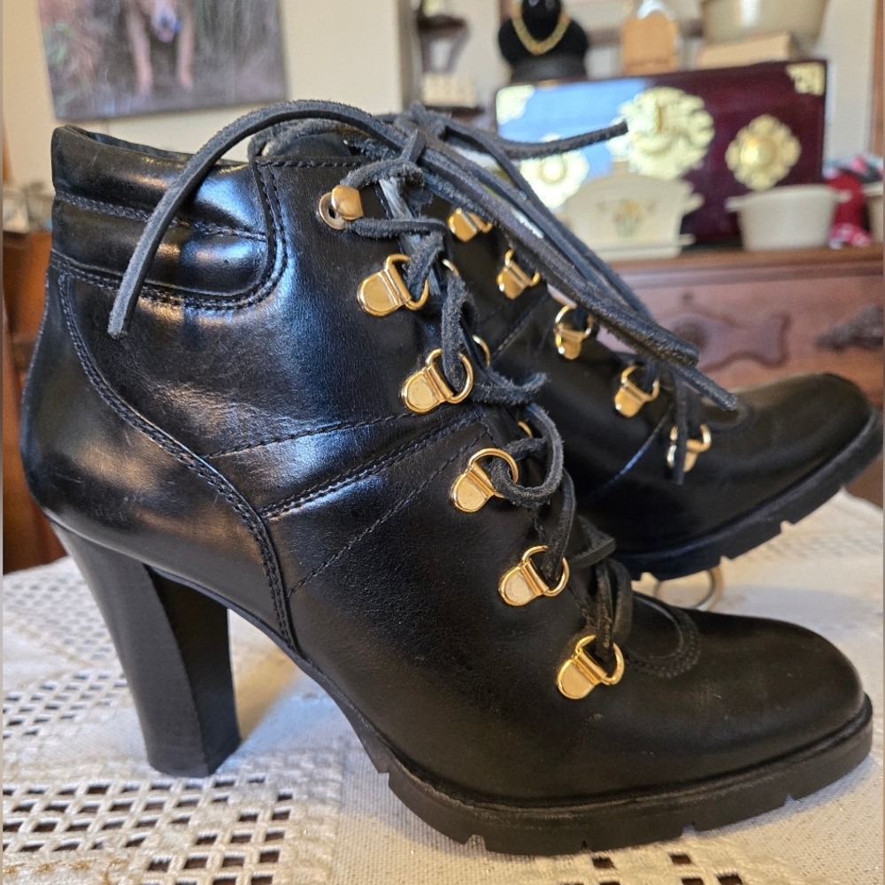 Michael Kors Black Laced Boots with Heel and Gold Accents